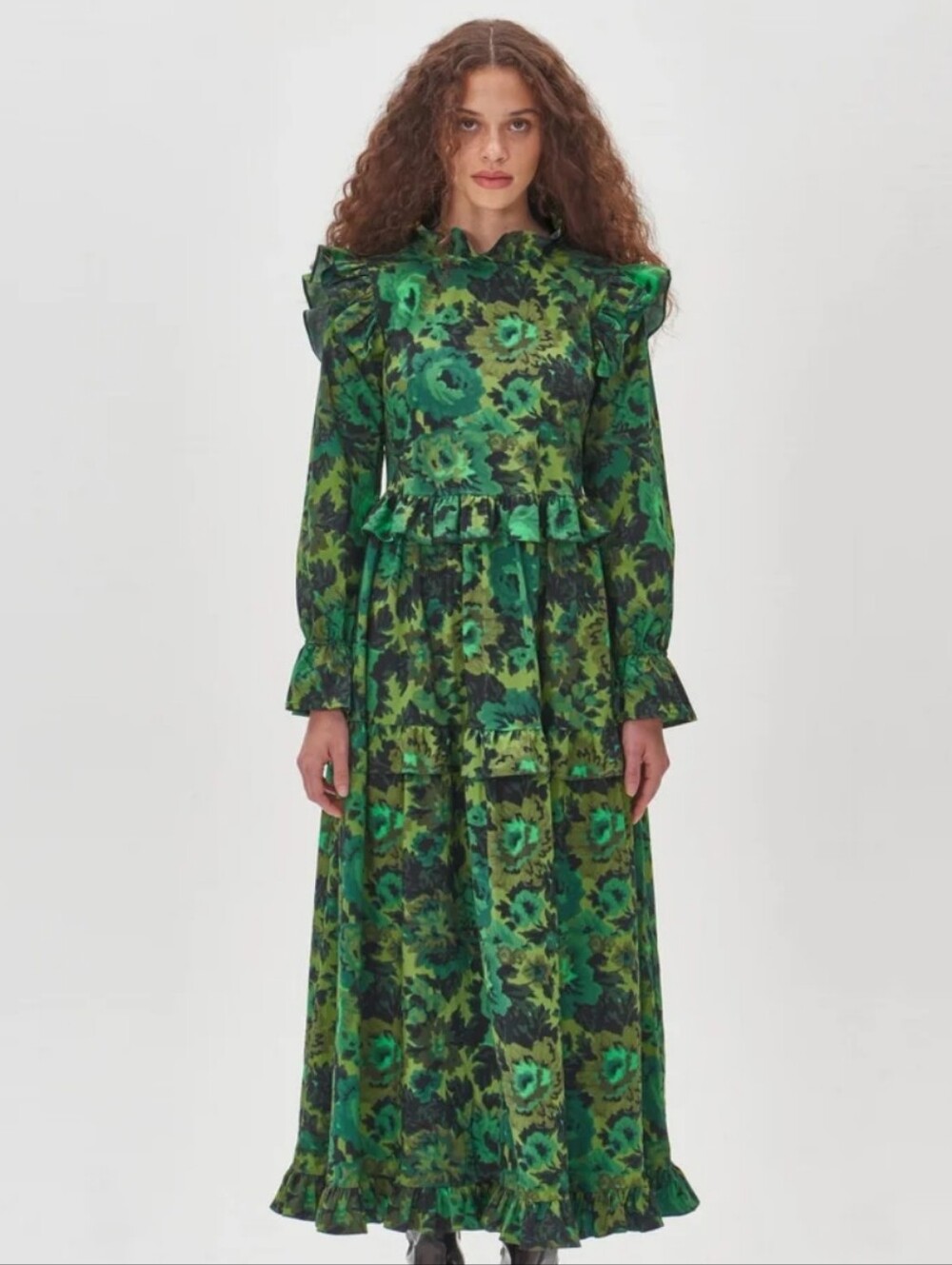 Damson Madder Green Floral Long Sleeve Tiered Maxi Dress